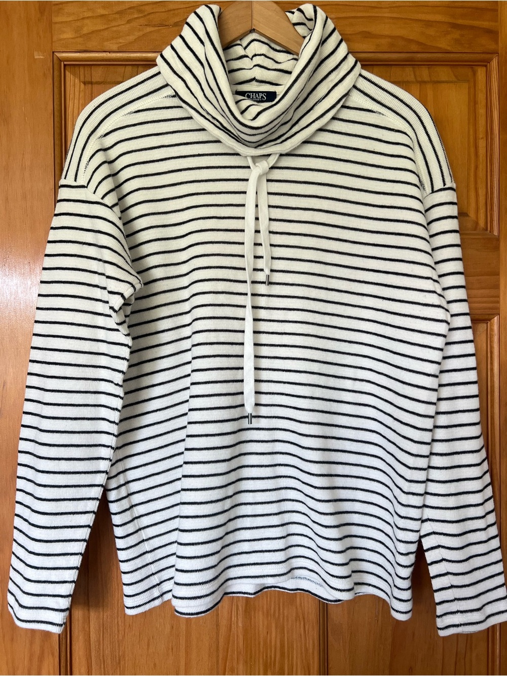 Chaps Women’s Cream & Black Stripe Funnel Neck Sweater- S